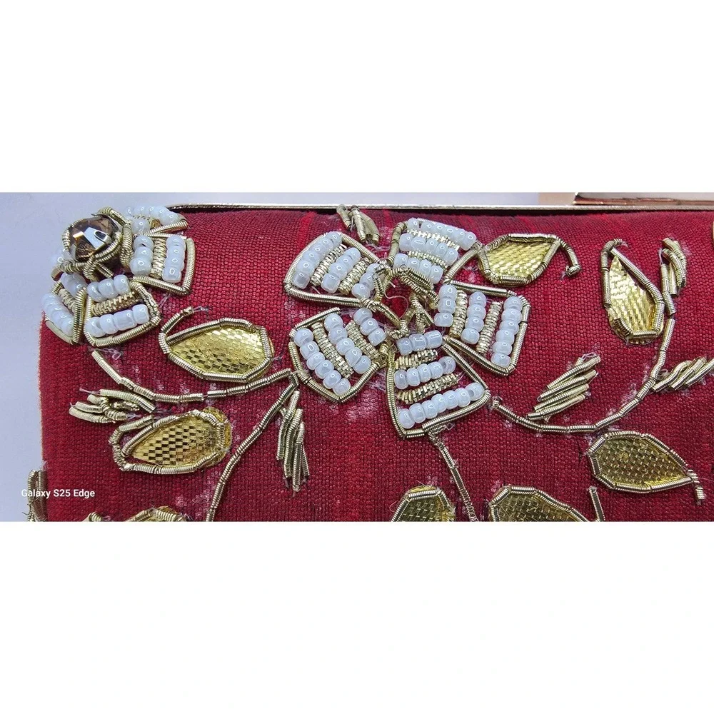 Red Beaded Floral Box Clutch Evening Bag Gold Chain Strap Wedding Prom Party